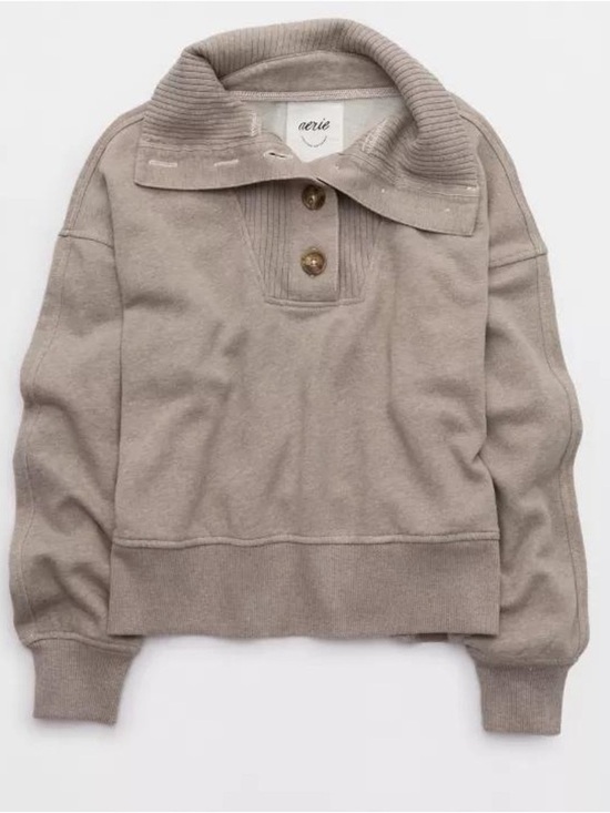aerie Sweaters - Aerie Best Button Sweatshirt Oversized Pullover Heathered Taupe Size Small